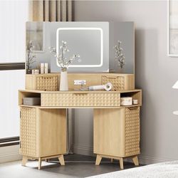 Vanity - Corner Vanity Desk, Vanity Mirror with Lights, 47.24" 3-Way Mirror Makeup Vanity with Power Strip for Bedroom