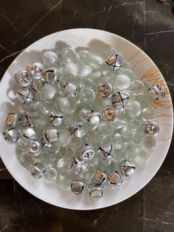 Decorative Silver Bells & Frosty White Glass Pebbles For Candle Or Vase Fillers