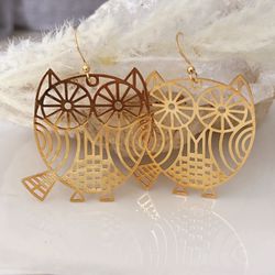 18K Gold Plated Lightweight Filigree Owl  Earrings 