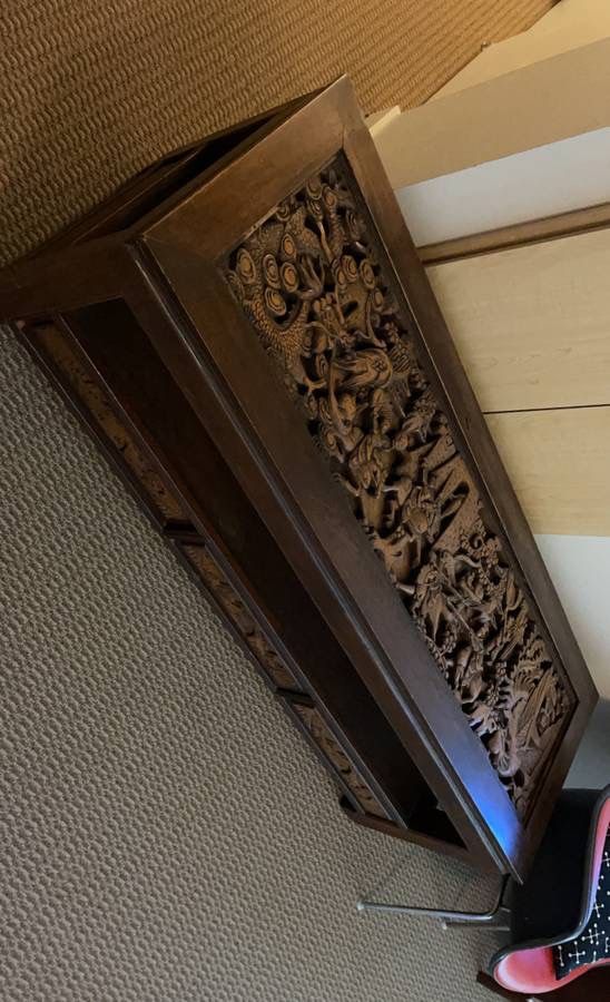 1970’s Japanese Hand Carved Samurai Battle Sceene COFFEE TABLE With Hand Carved Doors