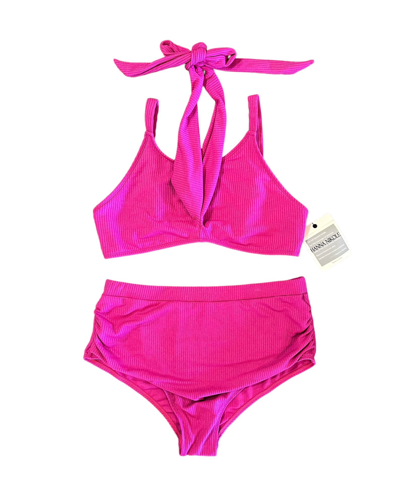 NWT Hanna Nikole High Waist Bikini Set Womens Plus Size 18W Ruched Swimsuit Pink
