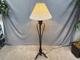 Traditional Floral Bronze Floor Lamp w/ Pale Blue Pleated Shade