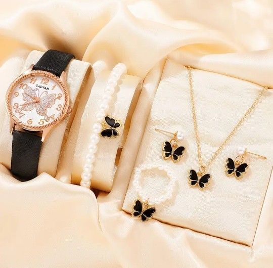 5-pcs/Set Elegant Rhinestone Quartz Women's Watch With Butterflies Jewelry Set