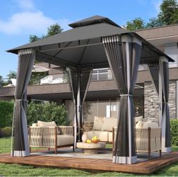 Aoxun 8'x8' Gazebo with Double Roof & Mosquito Netting, Gray Outdoor Heavy-Duty Party Tent, Patio Tent with Zipper Screens for Backyard Garden Lawn Sh