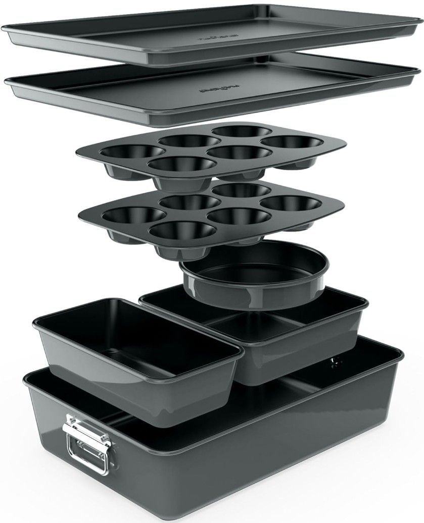 NutriChef 8-Piece Nonstick Stackable Bakeware Set - PFOA, PFOS, PTFE Free Baking Tray Set w/Non-Stick Coating, 450°F Oven Safe, Round Cake, Loaf, Muff