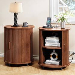 Round End Table Set of 2 with Charging Station, Mid Century Bedside Table with Sliding Door & 2 Tier Storage, Modern Nightstands Set of 2 for Living R
