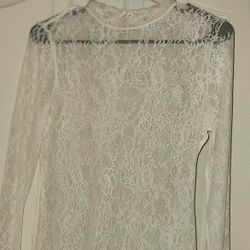 LIKE NEW LONG SLEEVE WHITE FLORAL FLOWER LACE LOLITA BLOUSE MOCK NECK PEARL BUTTON BACK TOP SHIRT SIZE XS SMALL