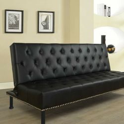 Brand New Black Leather Tufted Nail Studded Sofa Bed 
