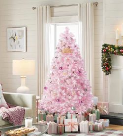 4.5 FT Pink Artificial Christmas Tree, Snow Flocked Xmas Tree with 400 Branch Tips, Metal Hinges and Foldadble Base for Indoor & Outdoor Realistic Hol