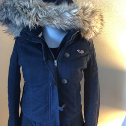 HOLLISTER NAVY FUR LINED BOMBER JACKET WITH HOODIE SMALL for Sale
