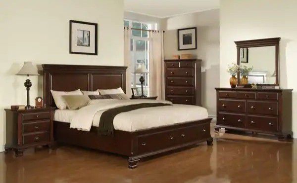 BRAND NEW...50% of online pricing...Beautiful "NEW" Cherry Queen Storage 5PC Bedroom Set includes Sealy Posturepedic mattress