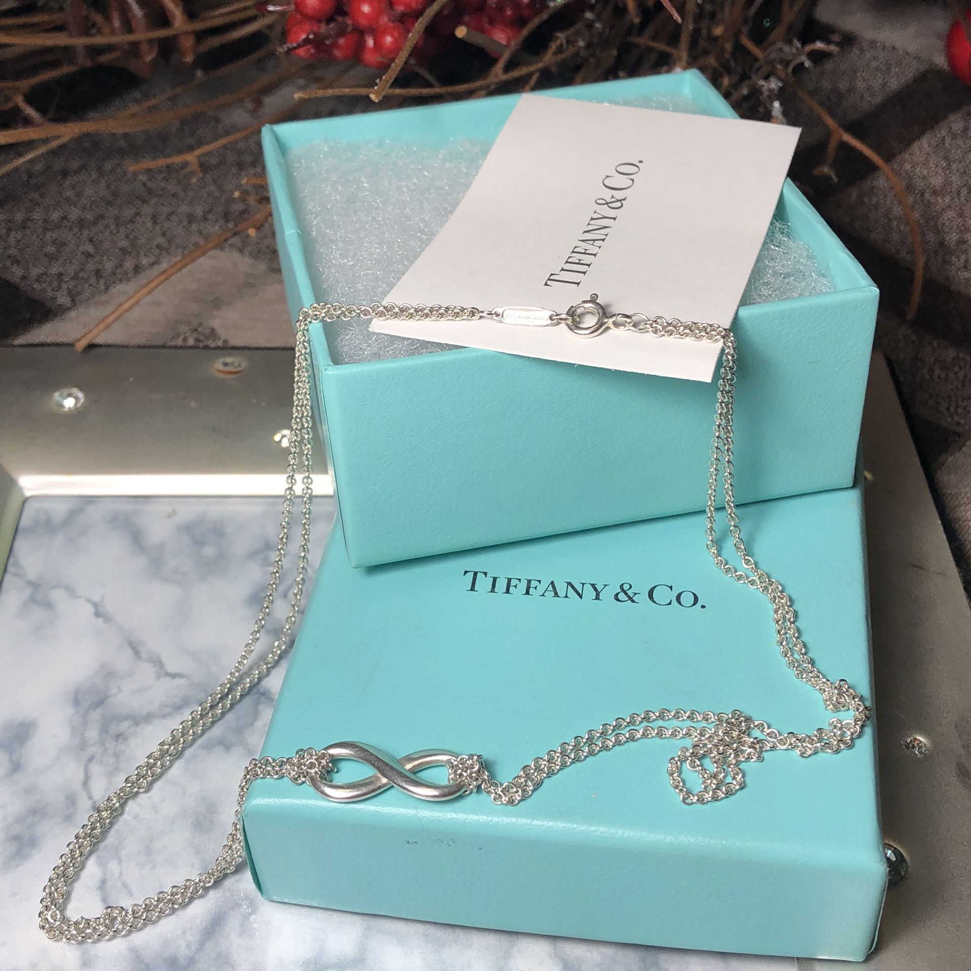 Tiffany & Co Sterling Silver Infinity Pendant Double Chain Necklace in Box 16"