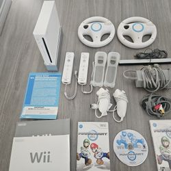 White Nintendo Wii Console, Accessories, Mario Kart Game 