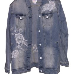 Lularoe Denim Jean Jacket Embroidered Floral Light Wash Size XL P2P 22”, Length 28”