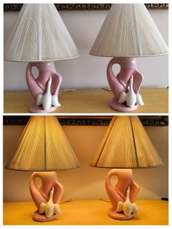 Vintage Pair of Pink/Mauve Ceramic Table Lamps With The Original String Clip On Shades.