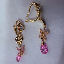 14K Gold & Pink Stones Chandelier Earrings