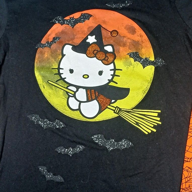 Med Women's HELLO KITTY GLITTER WITCH Long Sleeve HALLOWEEN Spider Web T-SHIRT