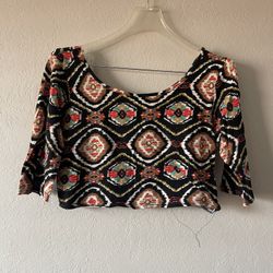 Annabelle, Women’s Black & Multicolor Pattern 3/4 Sleeve Crop Top, Size XL