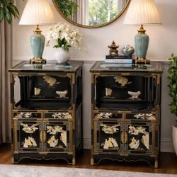 Set of 2 Vintage Asian Black Lacquer Chinoiserie Cabinets w/ Glass Tops 