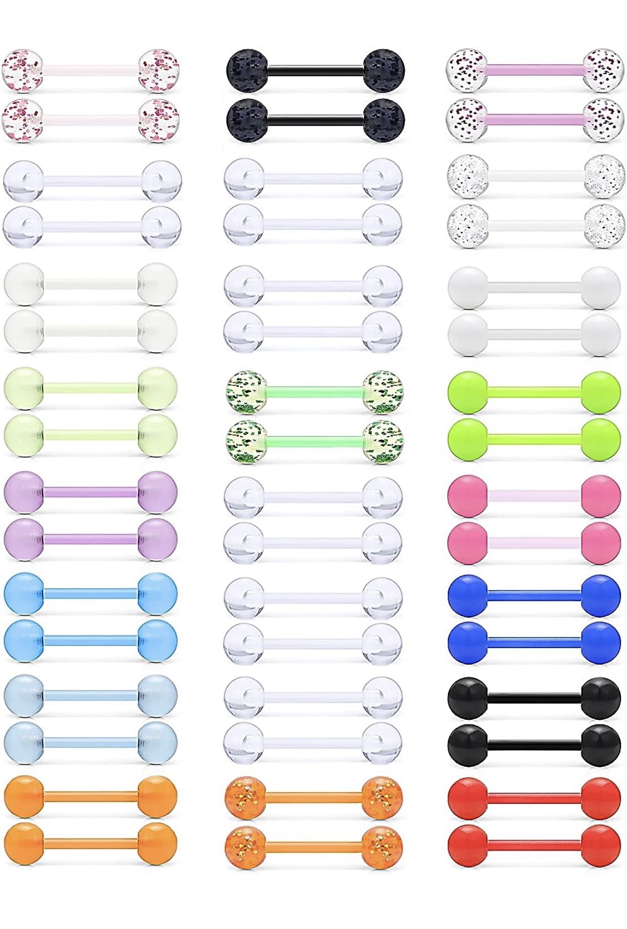 48Pcs 14G 16mm Glow in Dark Flexible Acrylic Straight Tongue Nipple Ring Retainer Body Piercing Jewelry for Women Men 14mm Bar tongue piercing jewelry