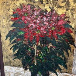 Textured painting of a poinsettia signed "MANSFELDOVA". The artist appears to be Mansfeldova, who creates mixed media pieces, often using alcohol ink 