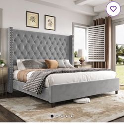Grey Tufted Queen Size Bed And White 6 Drawer Dresser 