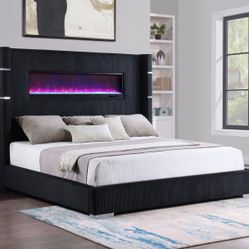 New VIRAL Queen Bed W/ LED Fireplace 