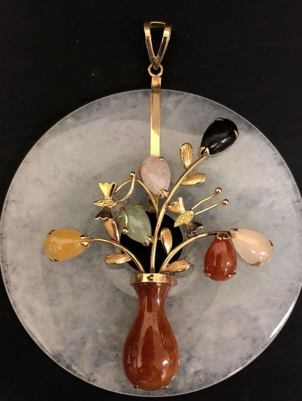 FREE SHIPPING! 14k Yellow Gold Jadeite Disk Multi Gemstone Floral Bouquet Pendant Lot 210