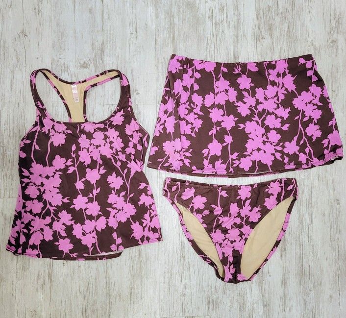 Victoria's Secret 3-pc Swim Set Floral Brown Pink Nylon Top Bikini Bottom Skirt