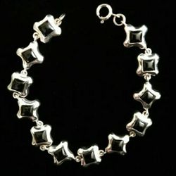 7.5" x 12mm Solid Sterling Silver Black Onyx Link Bracelet, Mexico
