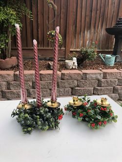 Two mistletoe holiday Christmas Candle Holders centerpiece