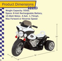 Kids Motorcycle - 3-Wheel Ride on Toy with Police Decals, Reverse, and Headlights - 6V Electric Motorcycle for Kids