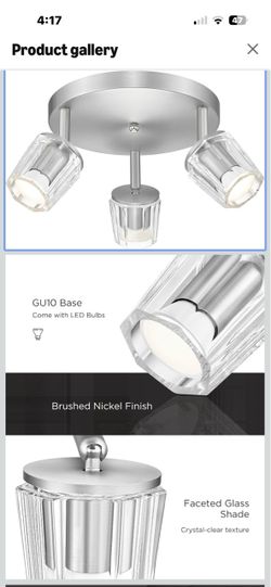 Brand new multi-directional round ceiling track light, brushed nickel, crystal glass shades