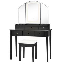 Vanity Table Stool Set Black Jewelry Armoire Large Tri-folding Lighted Mirror 6 Drawer Dresser 58.5" x 40" x 16"