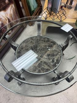 Coffee Table & Side Table w/ Beveled Glass Top Metal Base Stone Insert- Excellent Condition- Retail: $1299