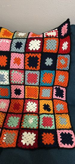 Handmade Crochet blanket multi color pink orange green