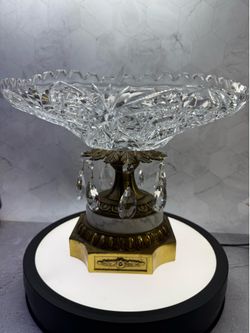 (1) Beautiful Large Vintage Hollywood Regency Cut Crystal Footed Pedestal Centerpiece Bowl With New hanging Prisms & Brass/Gold Base.
