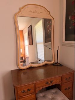 Vintage Solid Wood Desk + Matching Stool + Mirror and ikea lamp - 40” Wide, 6 Drawers