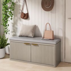 Modern Shoe Bench,Entryway Bench Storage with Padded Seat Cushion,Adjustable Shelf,Light Grey