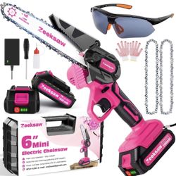 1026-2024 Pink Mini Chainsaw Cordless 6 inch - Electric Handheld Chainsaw Battery Powered with Power Indicator - Rechargeable Mini Chain Saw Portable 