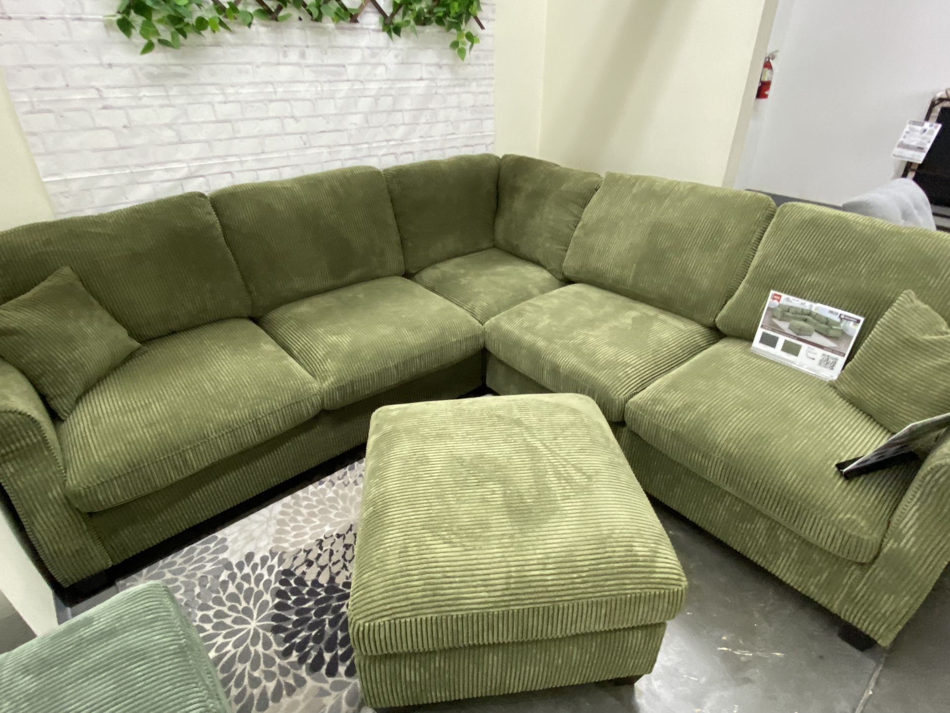 Mid Century Modern Olive Green Plush Corduroy Couch