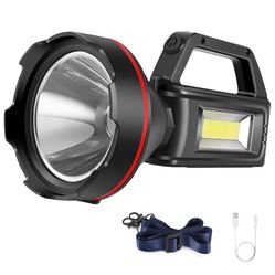 Rechargeable Spotlight Flashlight, High Lumens Handheld Spotlight, LED Searchlight with Shoulder Strap and USB Output for During Hurricane, Emergency,