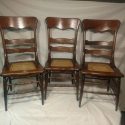 Set Of Three Antique Oak Side Chairs With Cane Seats