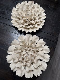 Set of 2 Cream Ceramic Flower Wall Art Decor