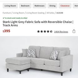 Living Spaces Light Grey Sofa With Reversible Chaise - BRAND NEW