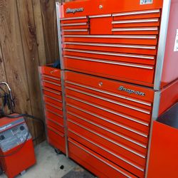 Like New Two-piece Snap-on Tool Boxes Bottom Box 16 Drawers 50 Wide 21 Inches Deep 44 Tall Top Box 11 Drawers 36 In W 20 And 1/2 D 22" In D 22 And 1/2