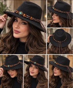 Black Wide Brim Fedora Hat with Beaded Band