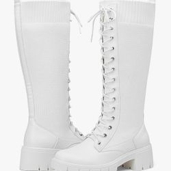 Women's Black Lace Platform Combat Knee High Boots with Comfort 953 Chunky 