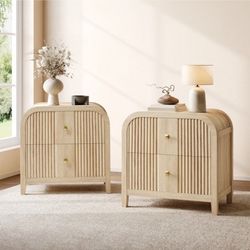 Nightstand with 2 Drawers Fluted Modern Wood 24" Nightstand End Table for Bedroom Living Room - Natural Oak