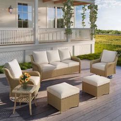 PE WICKER 6 PIECE PATIO CONVERSATION SET WITH 360 SWIVEL CHAIRS
BEIGE AND SIDE TABLE